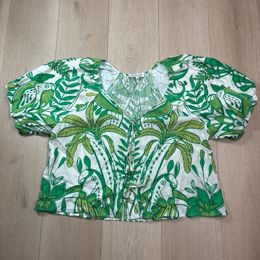 Rachel Zoe Green Tropical Palm Lace Up Puff Sleeve Linen Blend Blouse Large BOHO